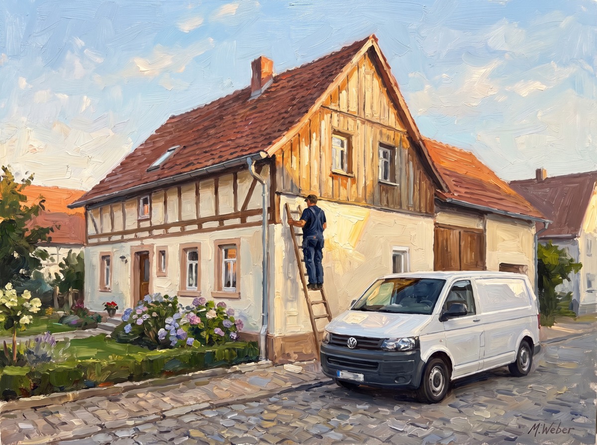 Gemälde: Handwerker auf einer Leiter an einer frisch renovierten Hausfassade