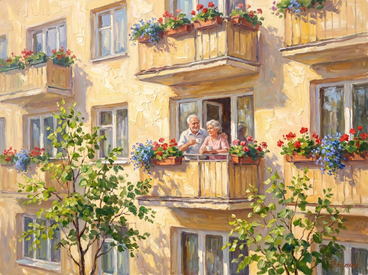 Gemälde: älteres Paar trinkt Kaffee auf einem sonnigen Balkon mit Blumenkästen